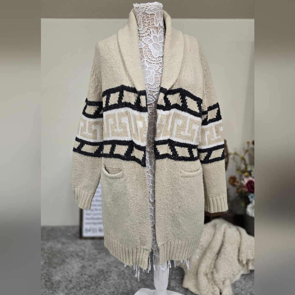 Vtg. Aztec Geo Design Knit Cardigan Sweater By Press Sz M
